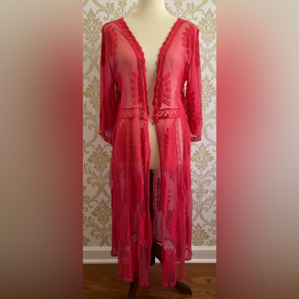 Forgotten Grace Sheer Red Lace Embroidered Whimsigoth Open Duster Size Large